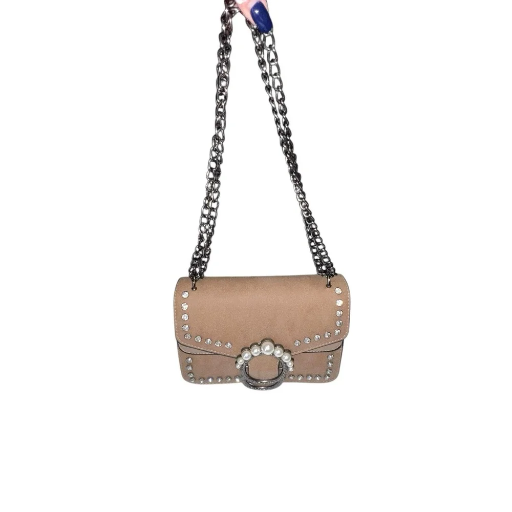 Unbranded Faux Suede Shoulder Bag Rhinestone Pearl Detail Chain Strap Brown Boho